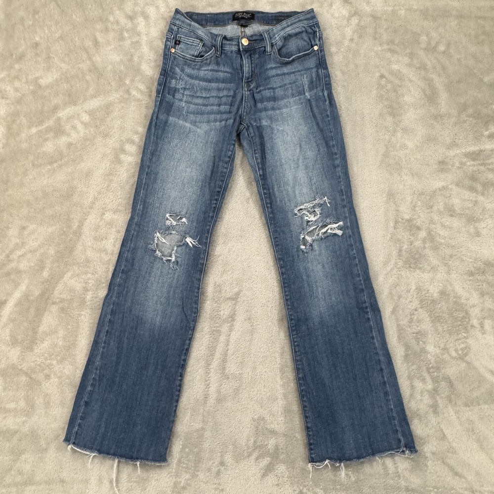 Judy Blue Jeans Womens 7/28 Blue Slim Bootcut Distressed Raw Hem Stretch